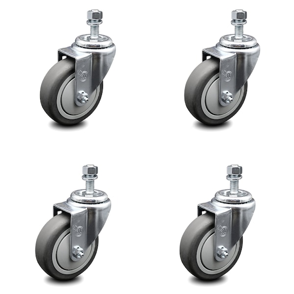 4 Inch Thermoplastic Rubber Wheel Swivel 1/2 Inch Threaded Stem Caster Set SCC